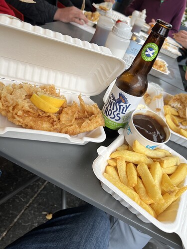 My dinner from Cromar’s. Fish, chips ‘n gravy, an elderflower Thistly Cross.