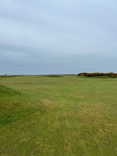 The tee from #4. A blind landing area...with the Sutherland fairway bunker somewhere out there in that landing area. This will be a theme today. <br />