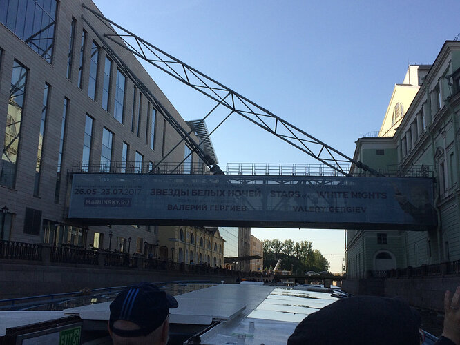 This is the canal-spanning bridge which connects the Mariinsky Theatre (right) to the New Mariinsky Theatre (left). Huge difference in architectural styles.