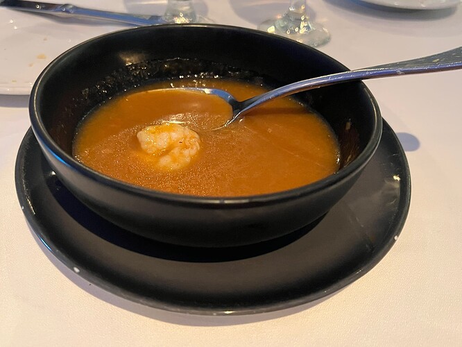 My 'lobster bisque with shrimp'. I would never have thought they actually MEANT a single shrimp. :man_facepalming:t2: