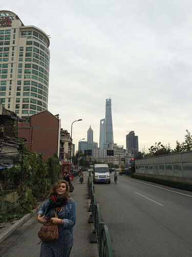 My travel buddy Gabby...and the Shanghai World Finance Center and Shanghai Tower (l to r). The 6th and 2nd tallest buildings in the world.