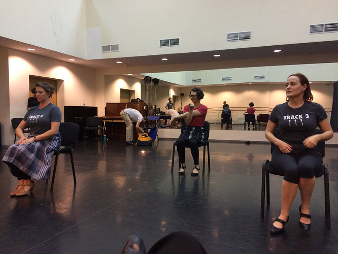 A little dance call prior to the show in their fantastic rehearsal/dance room (l to r, Kendra, Caitlin, & Dylan)
