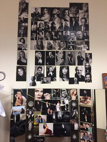 My dressing room at Buff. The regular inhabitants havean inspiration wall. Recognize the b/w headshot 2nd from the bottom? Hi, Laura!