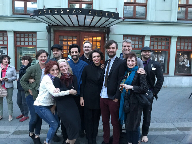 Outside the Moscow Art Theatre after seeing Comedie Francaise's Lucrece Borzia.