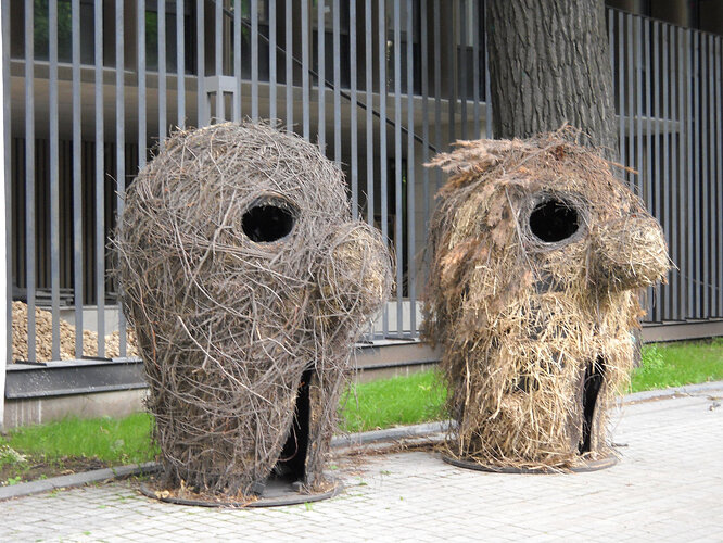 Chicken heads. Not sure if kids play in them or they're simply artwork. Maybe both?