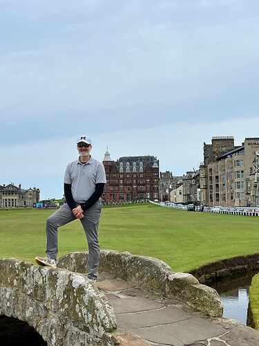On the famous Swilcan Bridge going up the fairway on 18. <br />