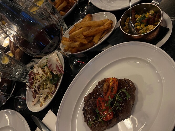 Ribeye, corn w/bacon & rosemary, frites, green salad, Brunelo di Montalcino