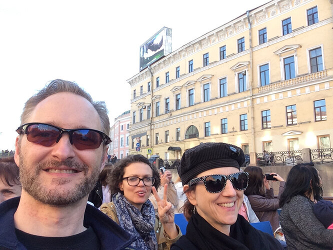 On a canal tour in St. Petersburg (l to r, Me, Caitlin, Loretta)