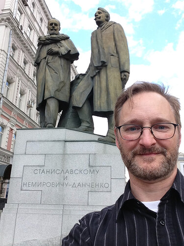 Just me, Stanislavski and Nemirovich-Danchenko hanging on the corner of Kamrgersky Pereulok.