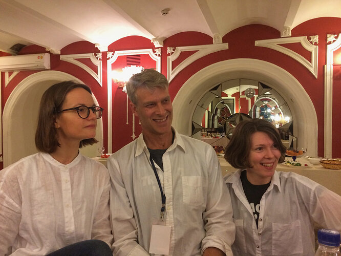 Alice, Richard and Eugenia seem to have coordinated outfits for the small reception with Valeri after our opening in Moscow