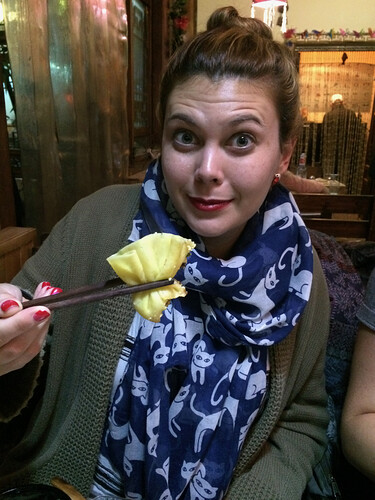 Gaby shows off one of the things we’re eating. I think it had egg in it….