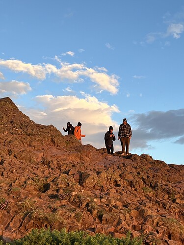 The gang looking for a path down.