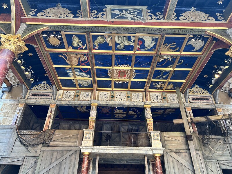 The beautiful ceiling decoration at the Globe stage.