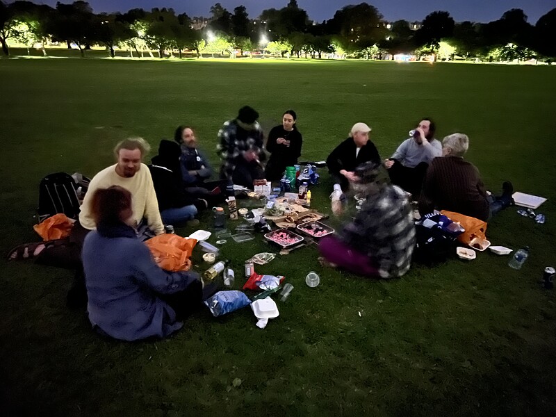 Later in the picnic, with flame jugglers in the background.